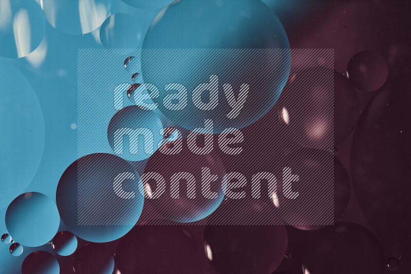 Close-ups of abstract oil bubbles on water surface in shades of blue and purple