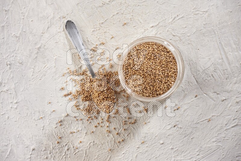 A glass jar and a metal spoon full of mustard seeds on a textured white flooring
