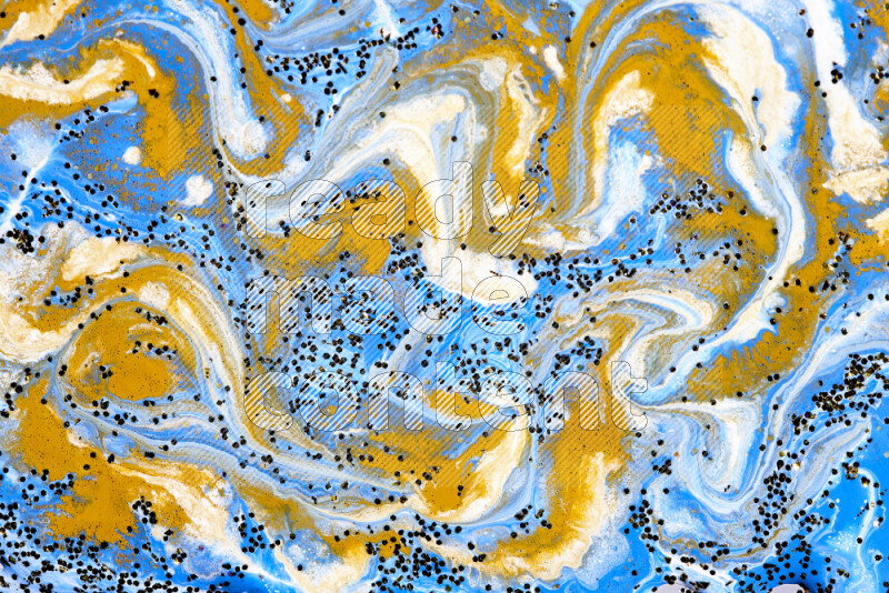 Abstract colorful background with mixed of blue, white and gold paint colors with scattered gold glitter