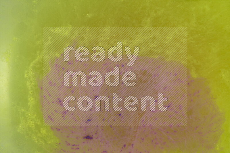 The image captures a dramatic splatter of purple paint over a yellow backdrop