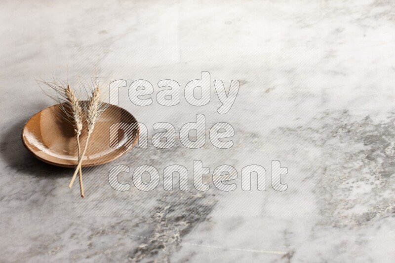 Wheat stalks on multicolored pottery plate on grey marble background