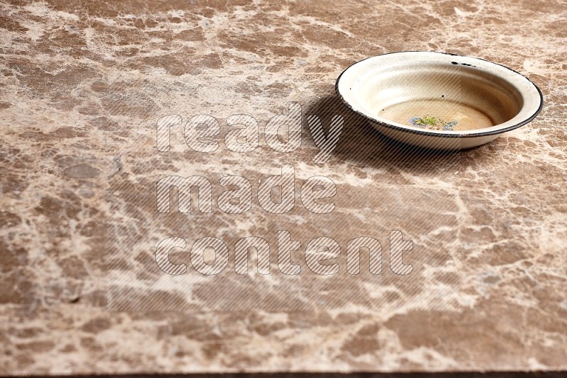 Vintage Metal Plate on Beige Marble Flooring, 45 degrees