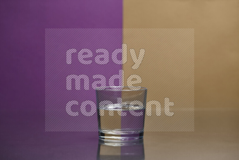 The image features a clear glassware filled with water, set against purple and beige background