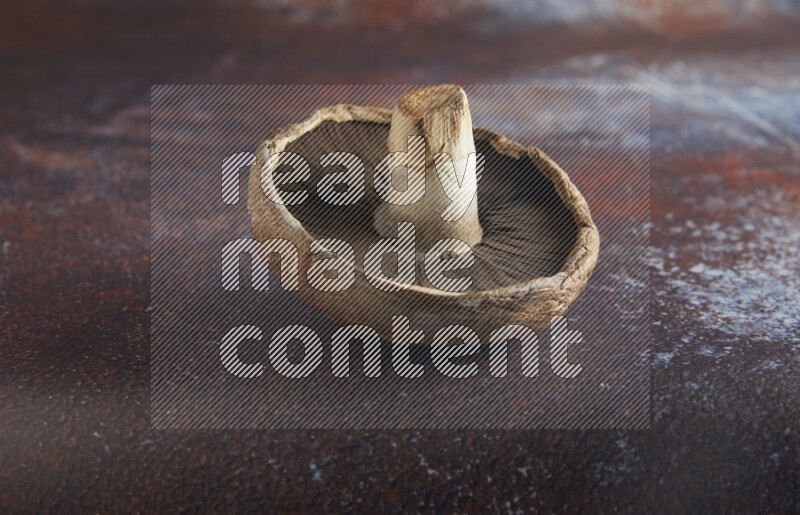 45 degre portobello mushrooms on a textured reddish rustic metal background