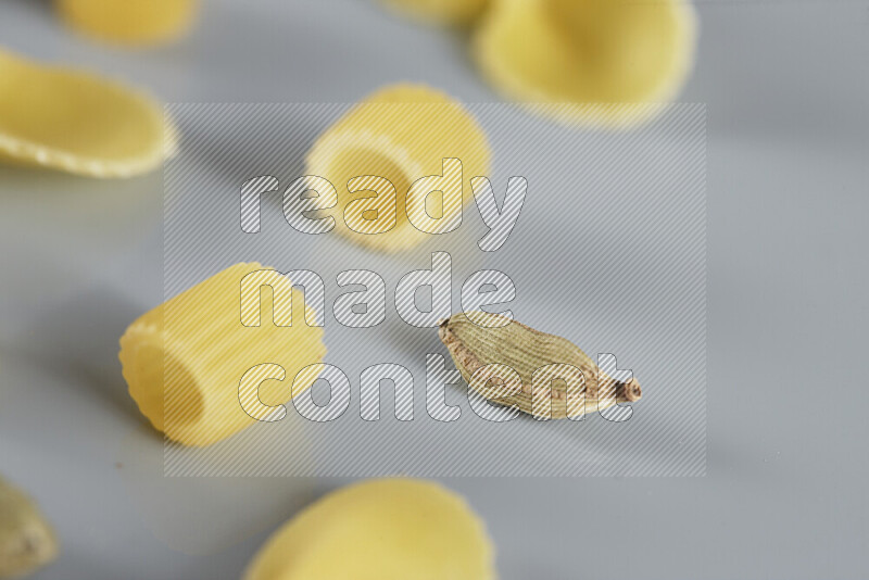 Raw pasta with different ingredients such as cherry tomatoes, garlic, onions, red chilis, black pepper, white pepper, bay laurel leaves, rosemary, cardamom and mushrooms on light blue background