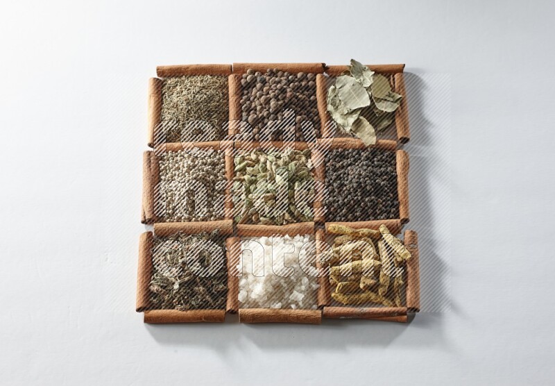 9 مربعات من أعواد القرفة ممتلئة بالهيل في المنتصف محاطة بأصابع الكركم والملح والريحان المجفف والفلفل الأبيض والكمون وبهار الفلفل الحلو وأوراق الغار والفلفل الأسود على أرضية بيضاء