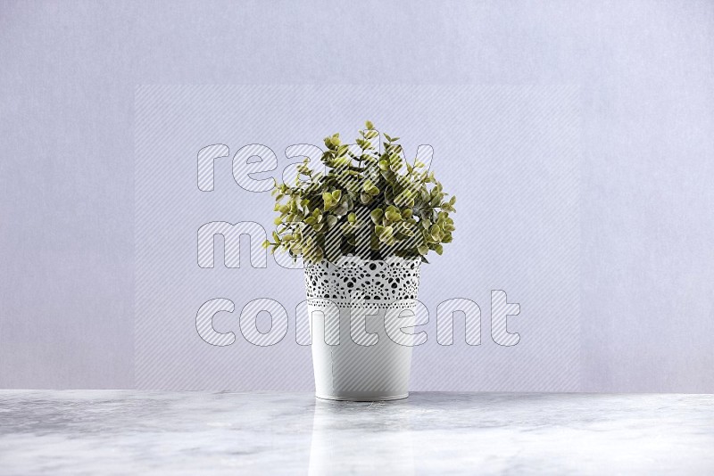 Artificial Plant in White Decorative Pot on Light Grey Marble Flooring 15 degree angle