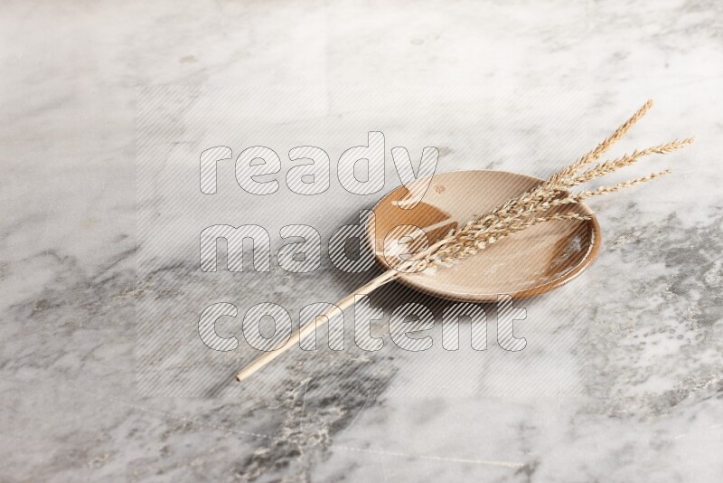 Wheat stalks on multicolored pottery plate on grey marble background
