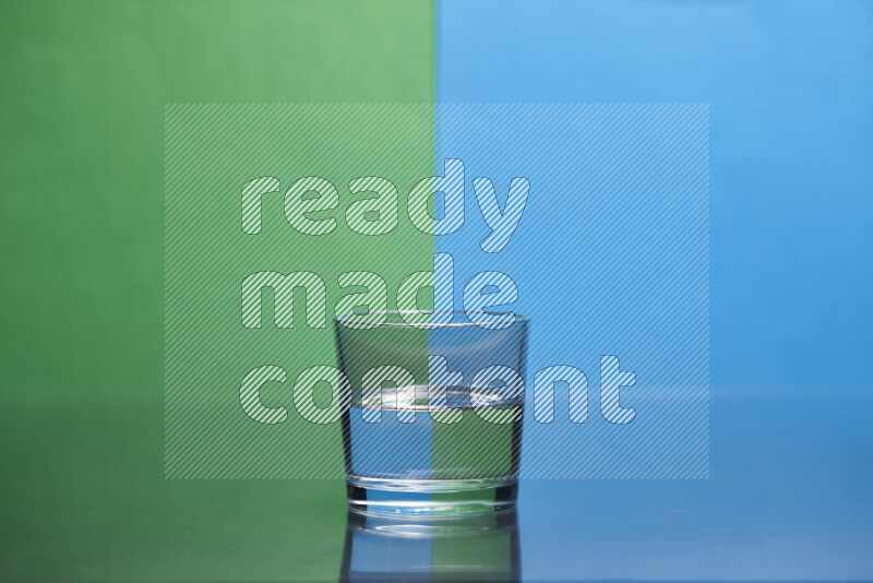 The image features a clear glassware filled with water, set against green and blue background