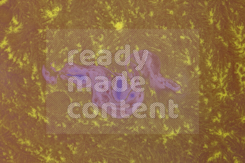 The image depicts a marbling effect with swirling patterns of purple and yellow