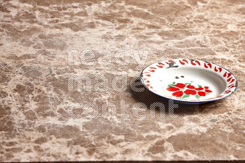 Vintage Metal Plate on Beige Marble Flooring, 45 degrees