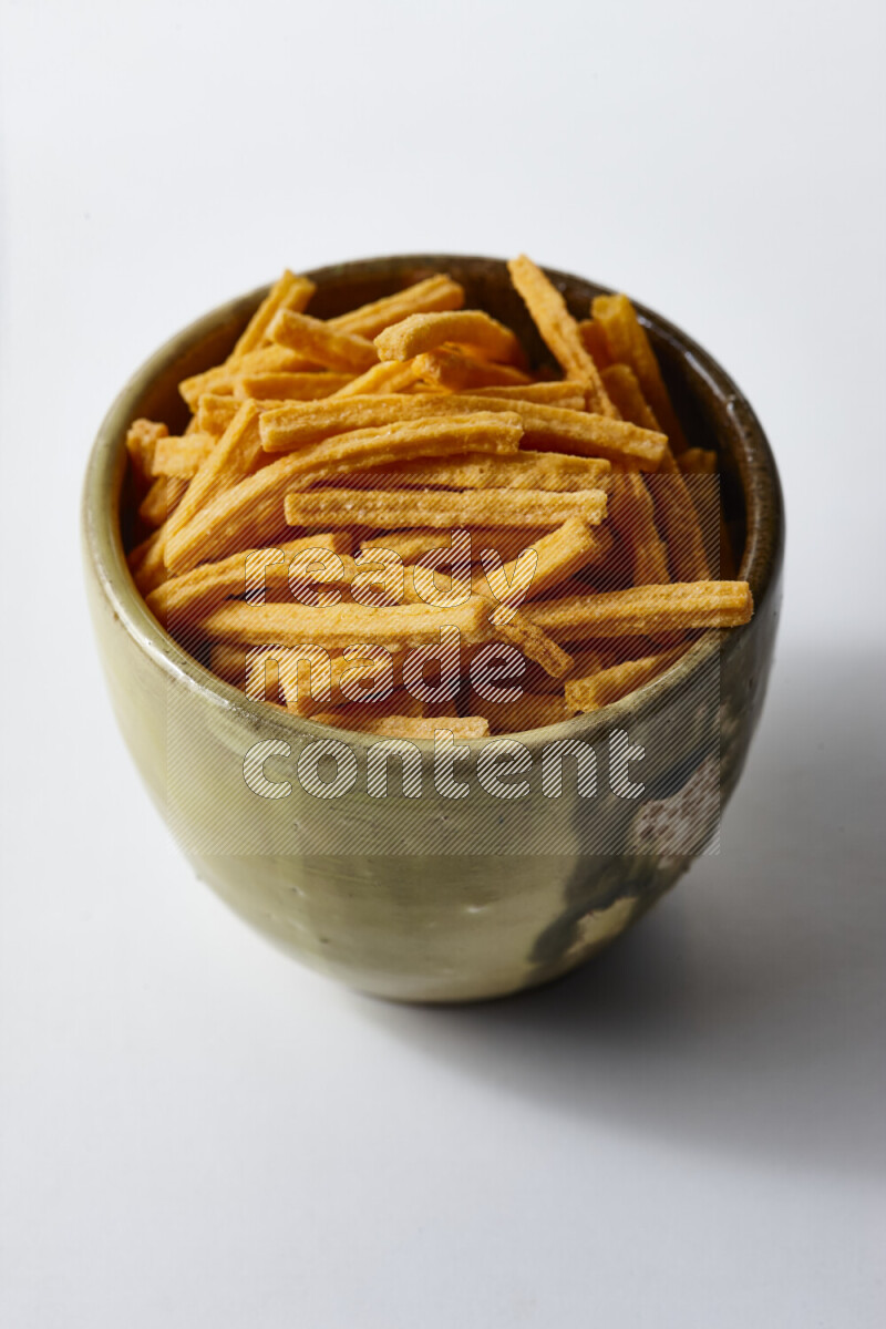 Assorted snacks on white background