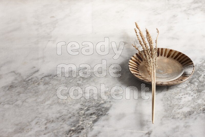 Wheat stalks on multicolored pottery plate on grey marble background