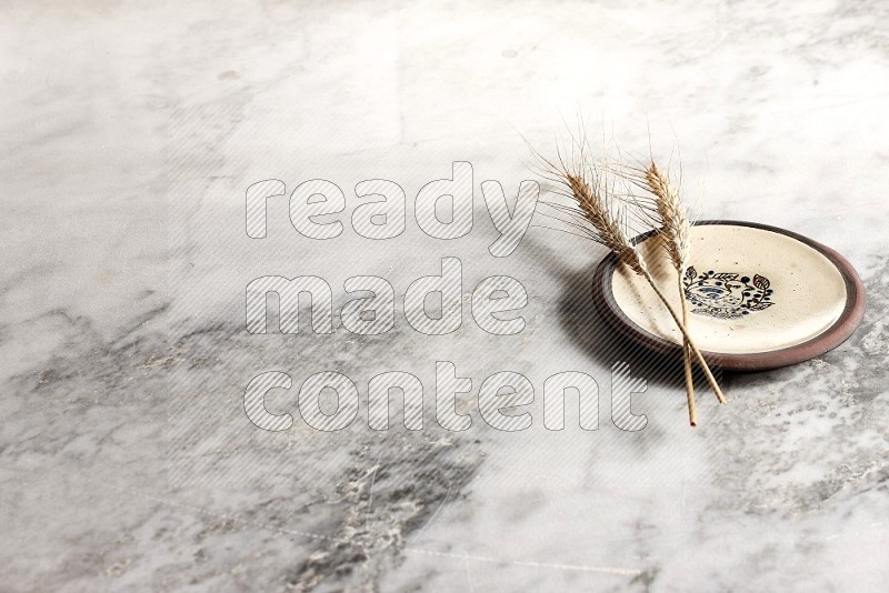 Wheat stalks on Decorative Pottery Plate on grey marble flooring, 45 degree angle