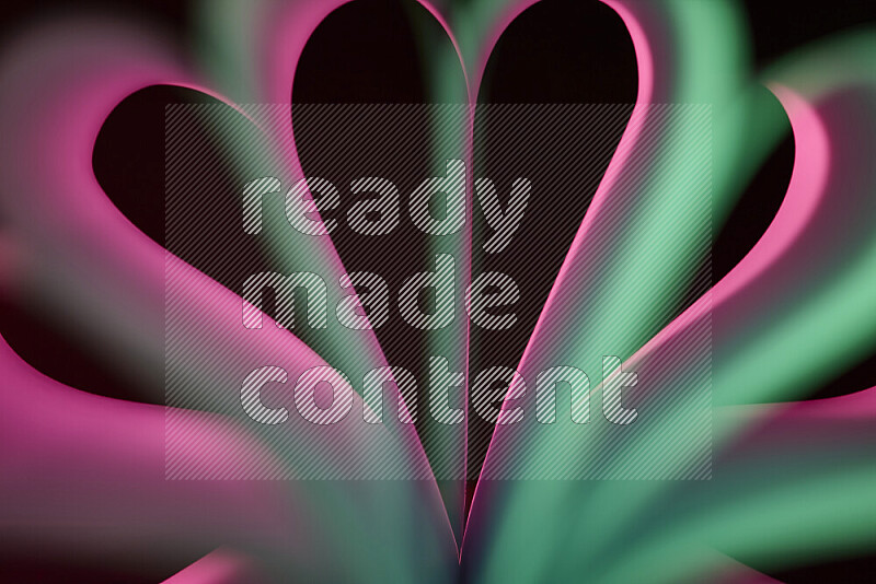 An abstract art piece displaying smooth curves in pink and green gradients created by colored light