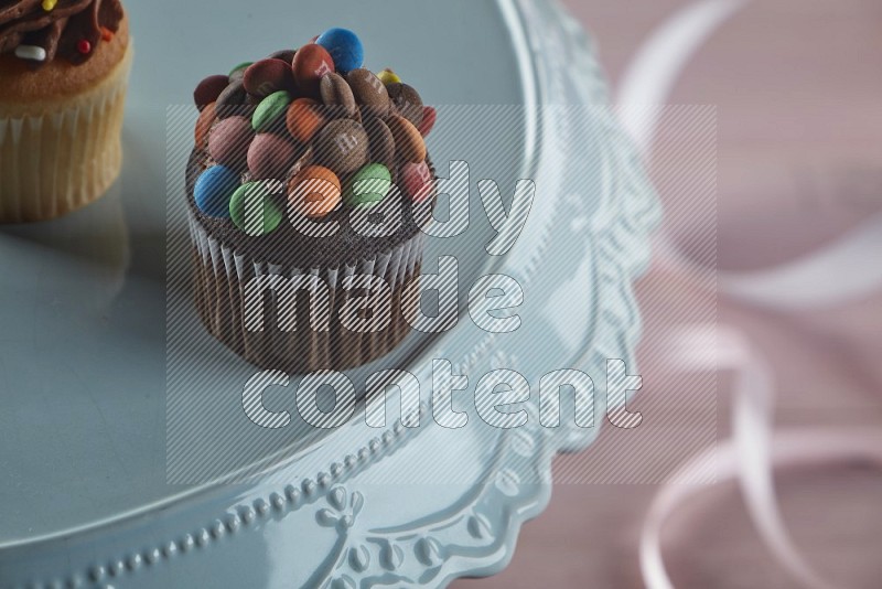 Chocolate mini cupcake topped with m&ms