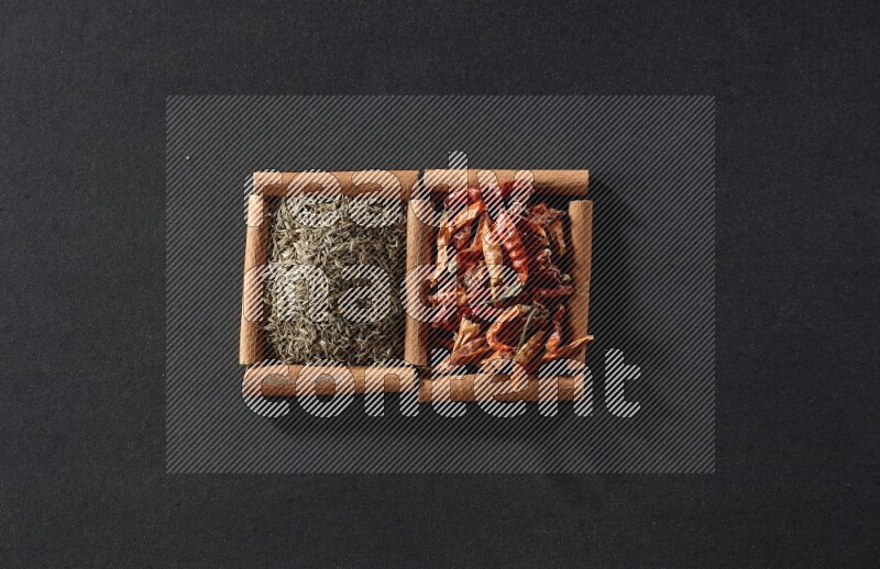 مربعان من أعواد القرفة ممتلئان بالفلفل الحار المجفف وحبوب الكمون علي خلفية سوداء