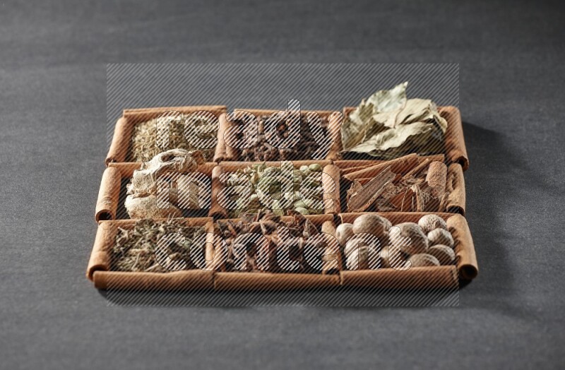 9 squares of cinnamon sticks full of cardamom in the middle surrounded by nutmeg, cinnamon, bay laurel leaves, cloves, cumin, dried ginger, dried basil and star anise on black flooring