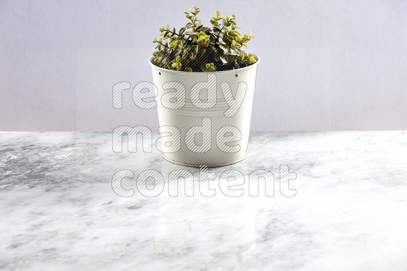 Artificial Plant in White pot on Light Grey Marble Background 45 degree angle