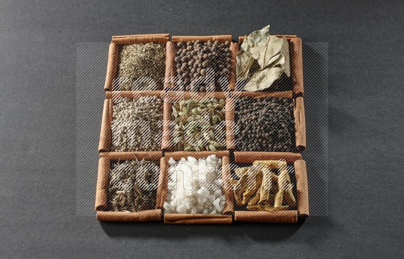 9 squares of cinnamon sticks full of cardamom in the middle surrounded by turmeric, black peppers, bay laurel, allspice, cumin, white peppers, basil and salt on black flooring