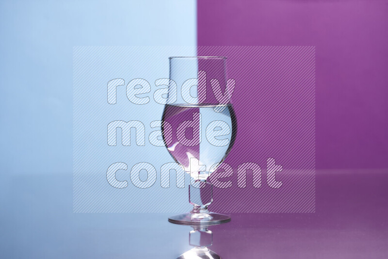 The image features a clear glassware filled with water, set against light blue and purple background