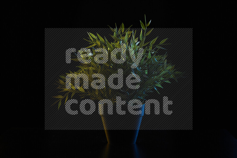 Plastic potted plant with colored rim light against black background