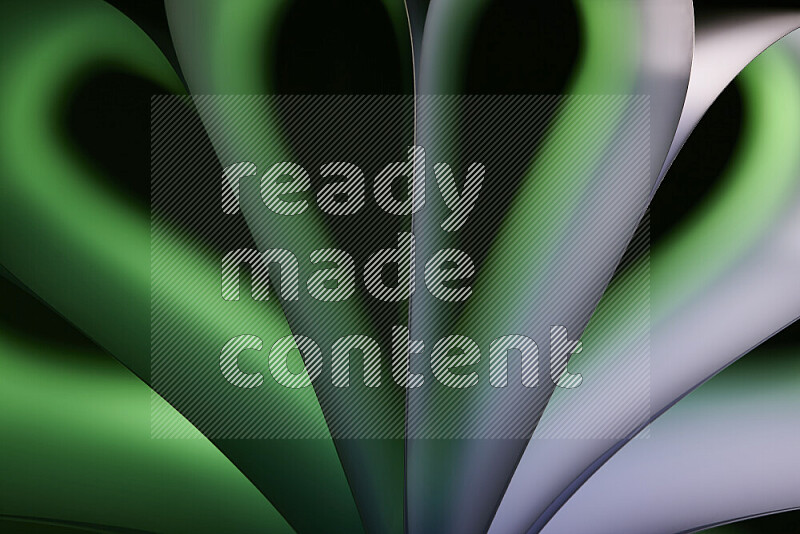 An abstract art piece displaying smooth curves in green and white gradients created by colored light