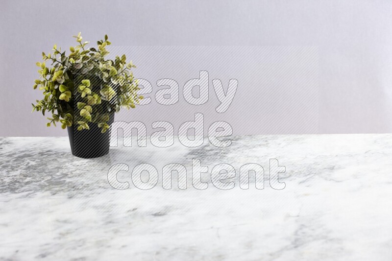 Green artificial plant in black pot on grey marble background