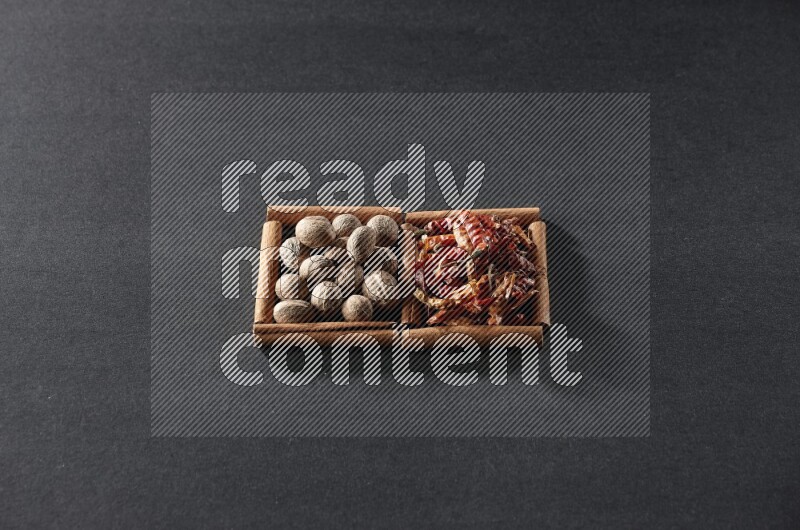 مربعان من أعواد القرفة ممتلئان بجوزة الطيب والفلفل الحار المجفف علي خلفية سوداء