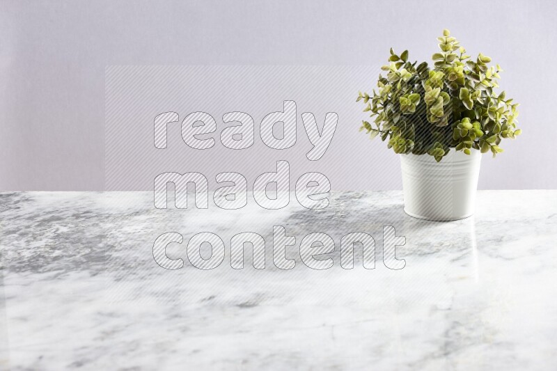 Green artificial plant in white pot on light grey marble background