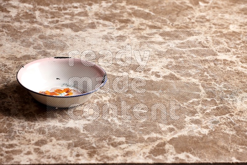 Vintage Metal Plate on Beige Marble Flooring, 45 degrees