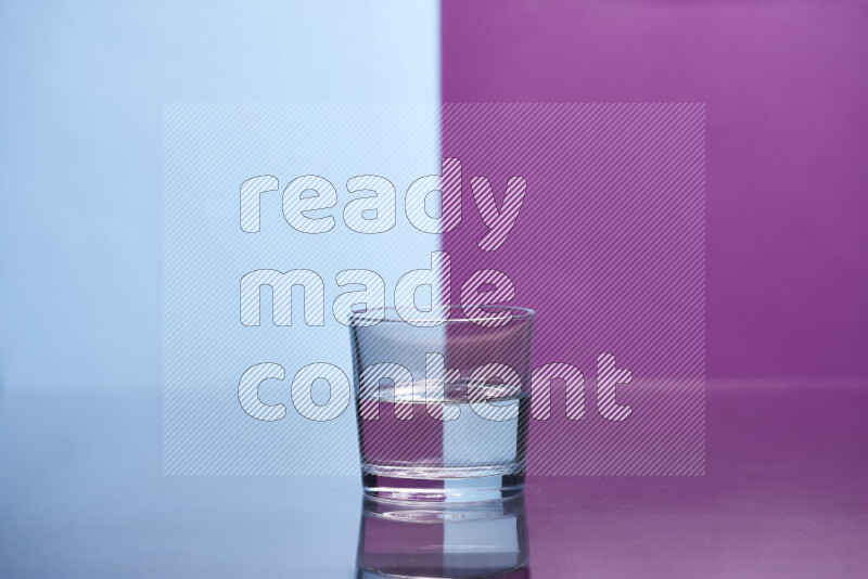 The image features a clear glassware filled with water, set against light blue and purple background