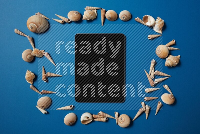 top view shot of a tablet, and seashells on blue background
