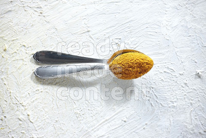 2 metal spoons full of turmeric powder on a textured white background