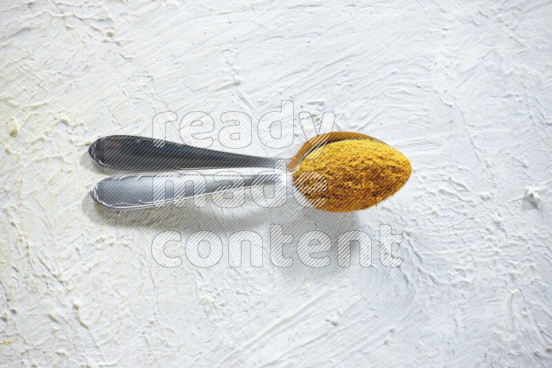 2 metal spoons full of turmeric powder on a textured white background