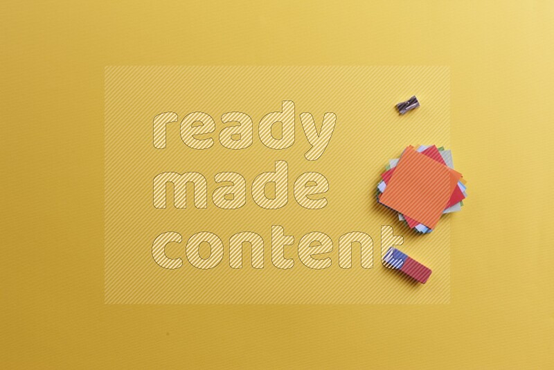 Multicolored sticky notes with school supplies on yellow background