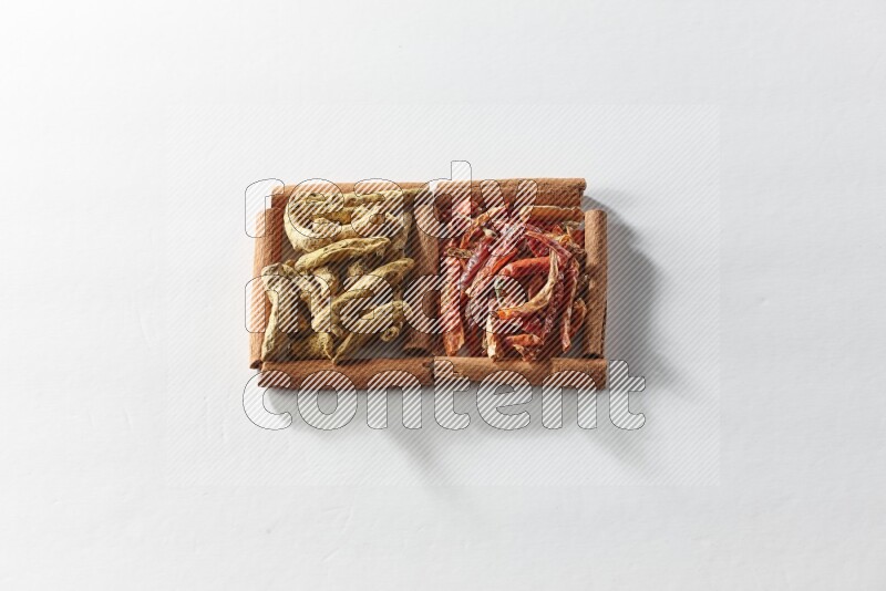 مربعان من أعواد القرفة ممتلئان بالفلفل الحار المجفف وأصابع الكركم علي خلفية بيضاء