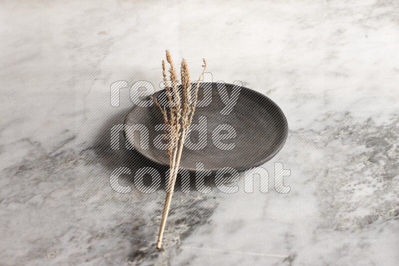 Wheat stalks on black pottery plate on grey marble background