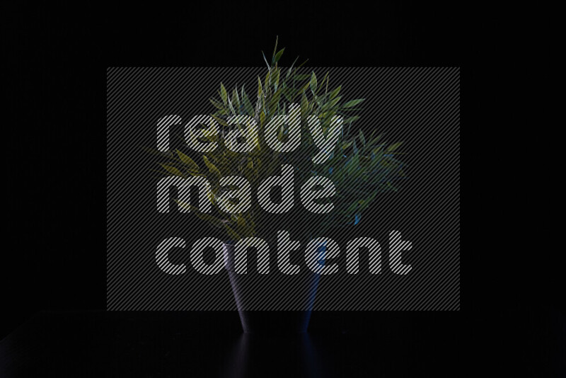 Plastic potted plant with colored rim light against black background