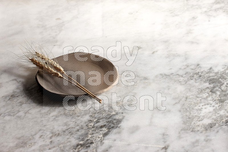 Wheat stalks on Multicolored Pottery Plate on grey marble flooring, 45 degree angle