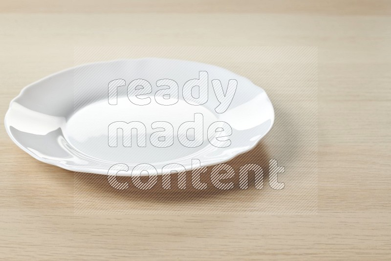 White Ceramic Circular Plate on Oak Wooden Flooring, 15 degrees