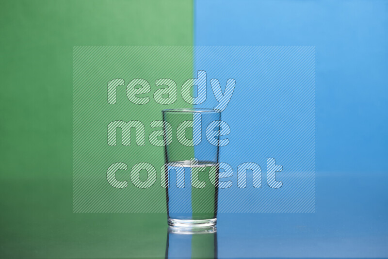 The image features a clear glassware filled with water, set against green and blue background