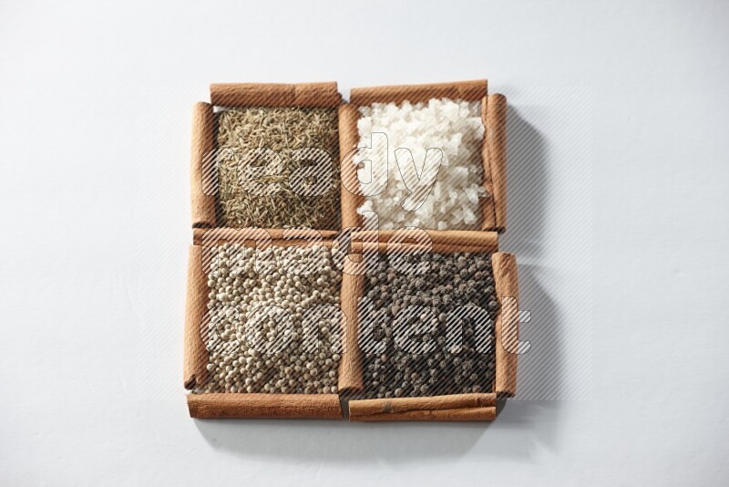 4 مربعات من أعواد القرفة ممتلئة بالكمون والملح والفلفل الأبيض والفلفل الأسود على أرضية بيضاء
