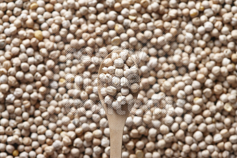 A wooden spoon full of chickpeas on chickpeas background