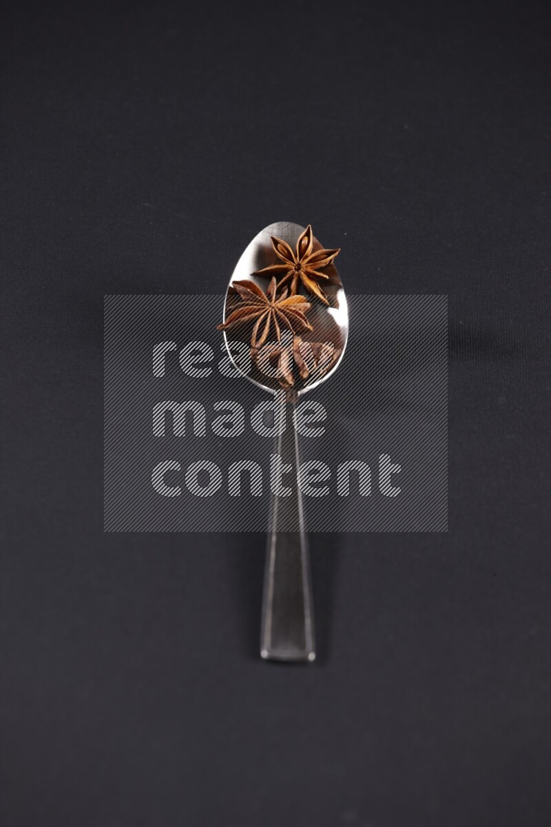 Star Anise in a metal spoon on black flooring