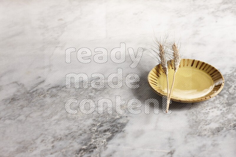 Wheat stalks on multicolored pottery plate on grey marble background