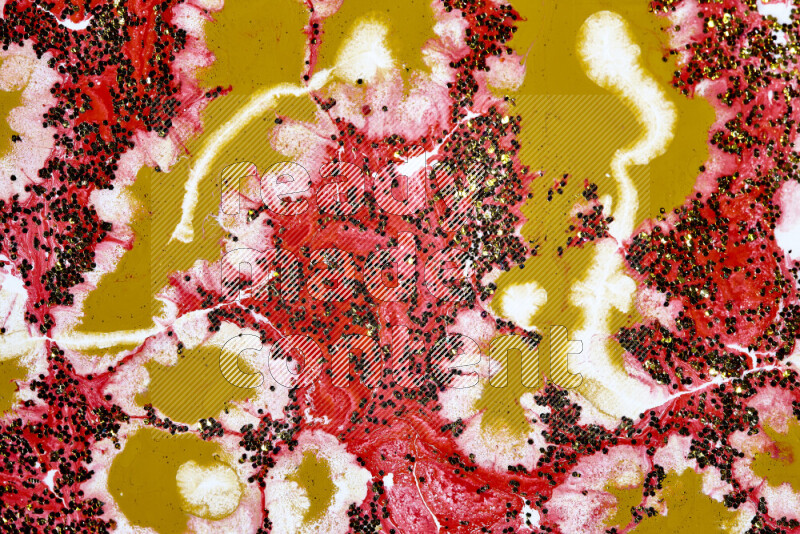 Abstract colorful background with mixed of red, white and gold paint colors with scattered gold glitter