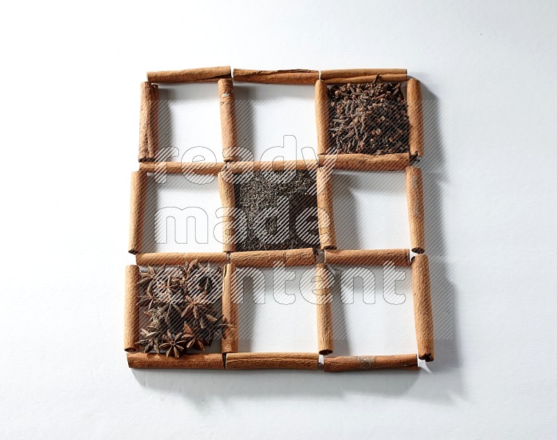 9 squares of cinnamon sticks full of tea in the middle surrounded by nutmeg, dried mint, cloves, dried basil, dried ginger, cinnamon, star anise and cardamom on white flooring