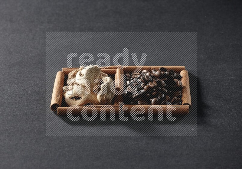 2 squares of cinnamon sticks full of coffee beans and ginger on black flooring
