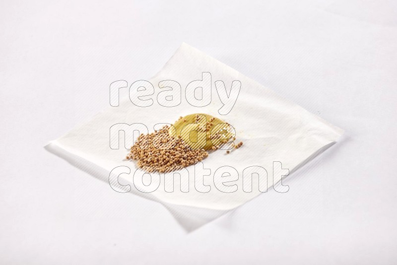 mustard seeds and paste on white flooring in different angles